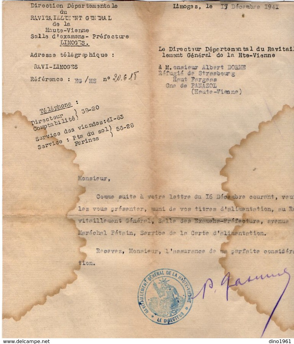 VP14.267 - LIMOGES 1941 - Lettre En Franchise - Direction Départementale Du Ravitaillement à Mr DORME Réfugié à PANAZOL - Guerre De 1939-45