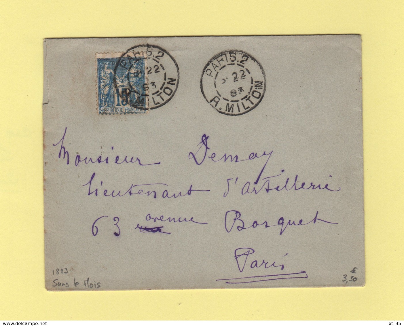 Paris - 2 R. Milton - 1893 - Sans Indication De Mois - Type Sage - 1877-1920: Période Semi Moderne