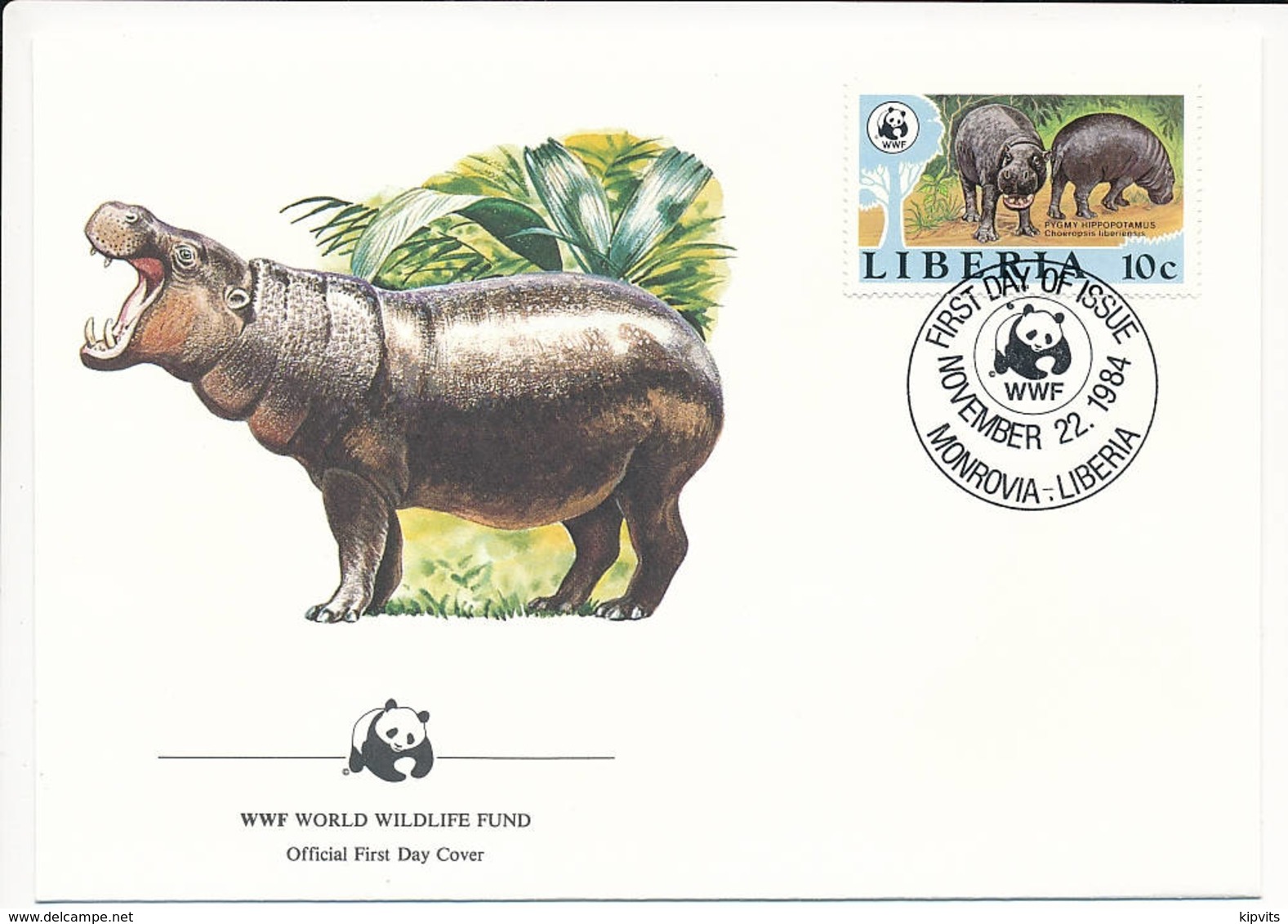 Mi 1316 FDC / WWF World Wildlife Fund / Hippo Pygmy Hippopotamus Choeropsis Liberiensis - 22 November 1984 - Liberia
