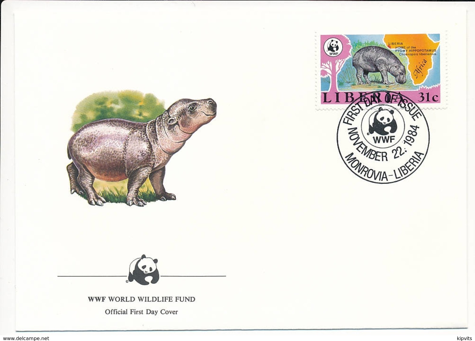 Mi 1318 FDC / WWF World Wildlife Fund / Hippo Pygmy Hippopotamus Choeropsis Liberiensis - 22 November 1984 - Liberia