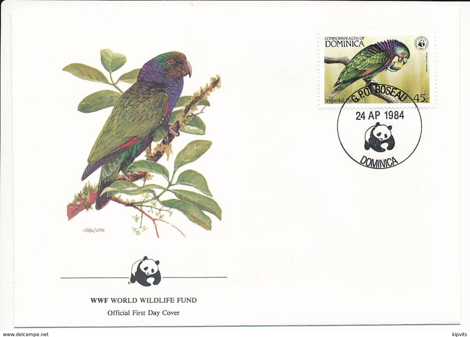 Mi 837 FDC / WWF World Wildlife Fund / Birds Imperial Amazon Sisserou Amazona Imperialis - 24 April 1984 - Dominica (1978-...)