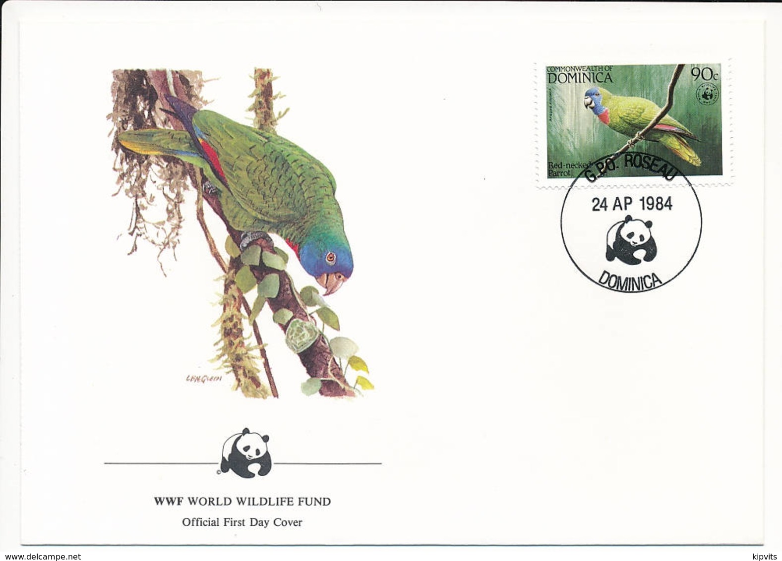 Mi 839 FDC / WWF World Wildlife Fund / Birds Red-necked Amazon Parrot Amazona Arausiaca - 24 April 1984 - Dominica (1978-...)