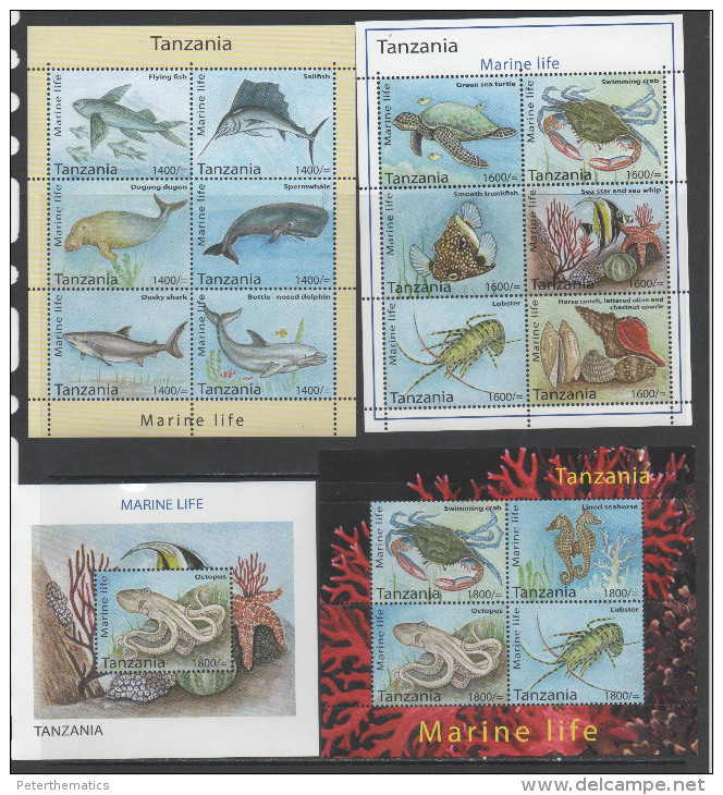 TANZANIA , 2014, MNH, MARINE LIFE, TURTLES, WHALES, SHARKS, FISH, CRABS, SEAHORSES,SHELLS, OCTOPUS, 3 SLTS+ S/SHEET - Whales