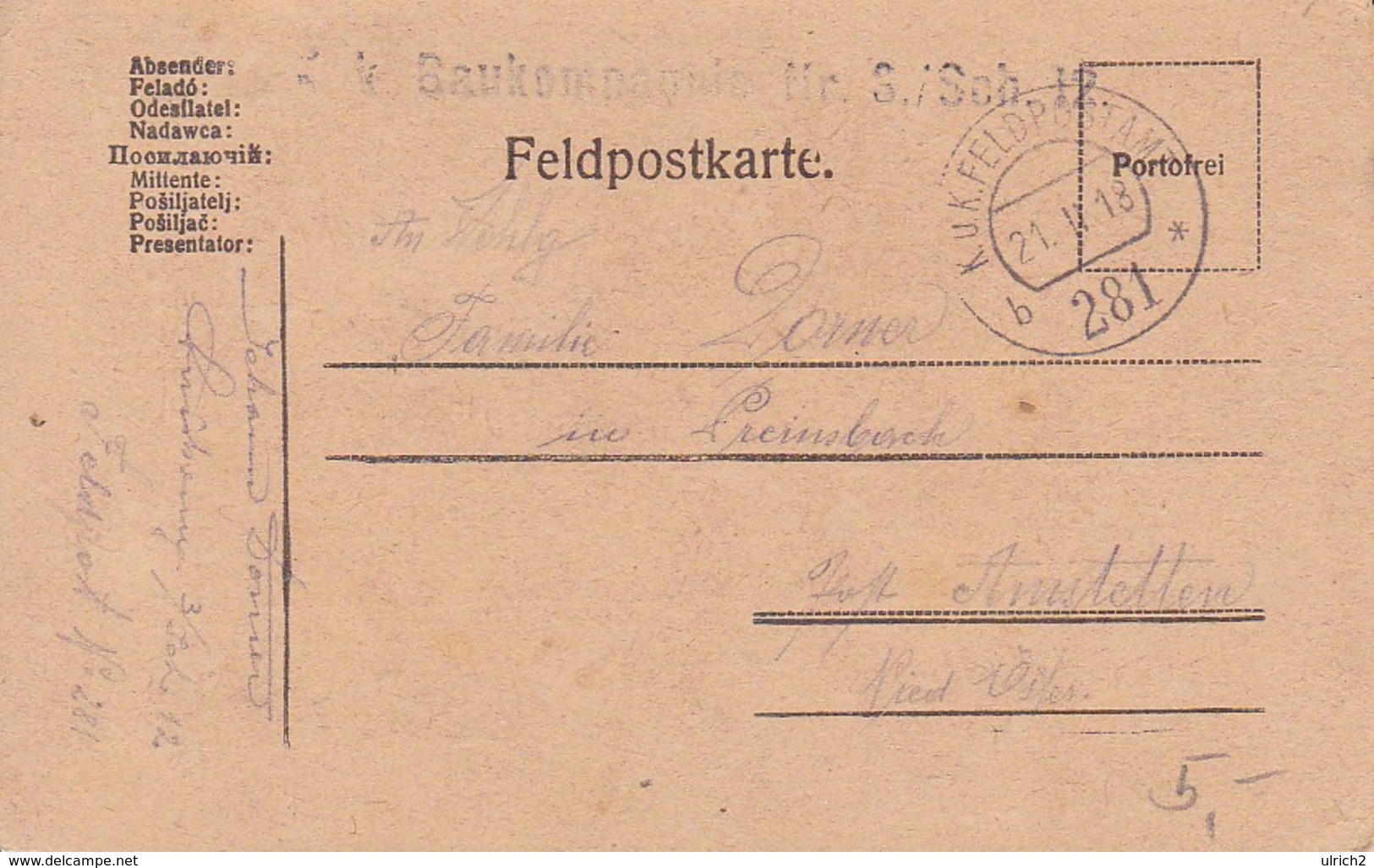 Feldpostkarte - K.k. Baukompagnie Nr. 3 Sch 12 Nach Amstetten - 1918 (38776) - Briefe U. Dokumente