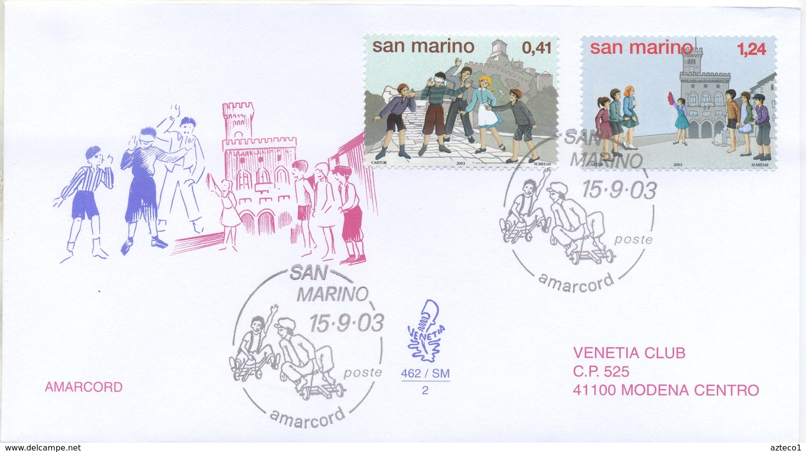 SAN MARINO - FDC VENETIA  2003 - AMARCORD  - GIOCHI DI BIMBI - VIAGGIATE - FDC