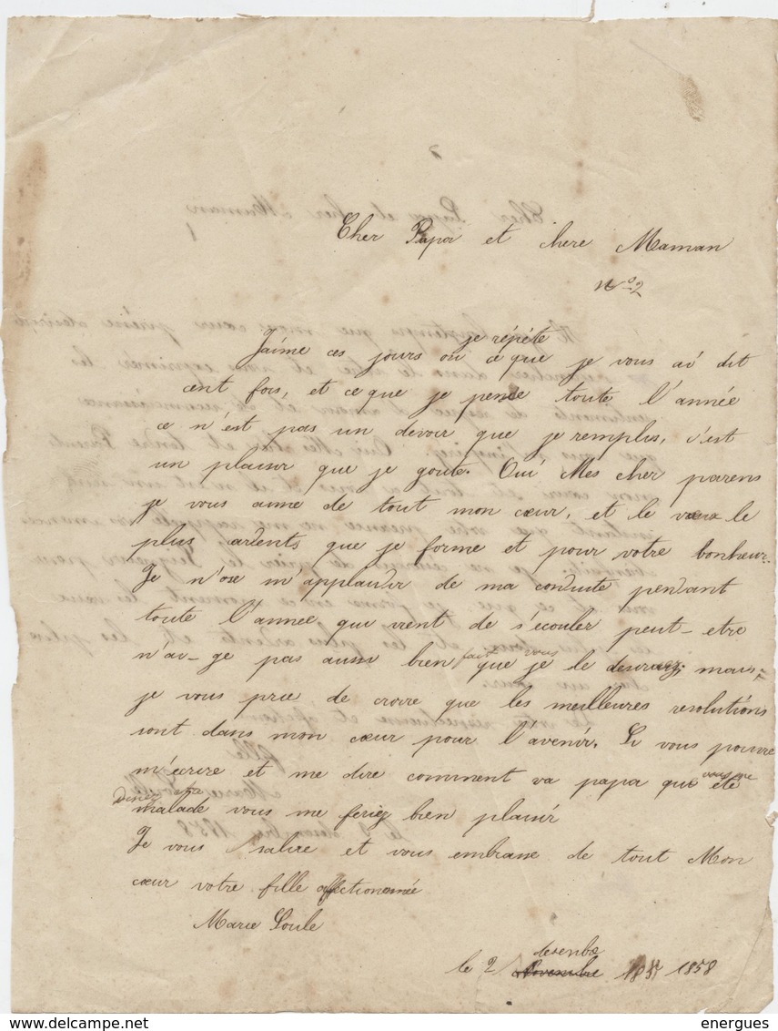 Lettre D'enfant, Une Fille écrit 2 Lettres Pleines D'affection à Ses Parents, Marie Soulé,1858 - Non Classés