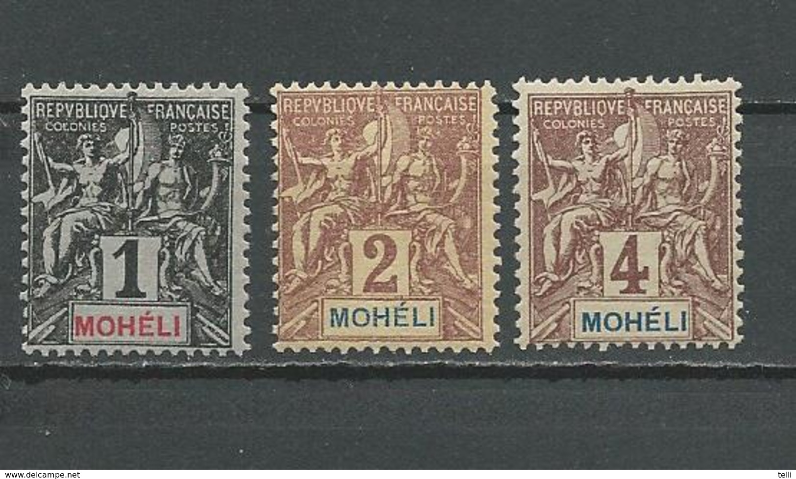 MOHELI Scott 1, 2, 3 Yvert 1, 2, 3 (4) * #2 Fournier 9,00 $ 1906-7 - Neufs