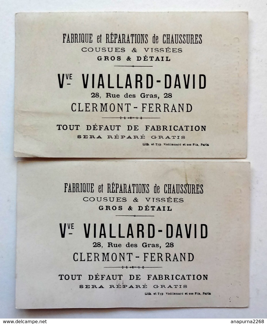 2 CHROMOS...CLERMOND FERRAND...CHAUSSURES VIALLARD..PIERROT...ILLUSIONS D'UN ESTOMAC...PETITS LAPINS AMITIÉ - Autres & Non Classés