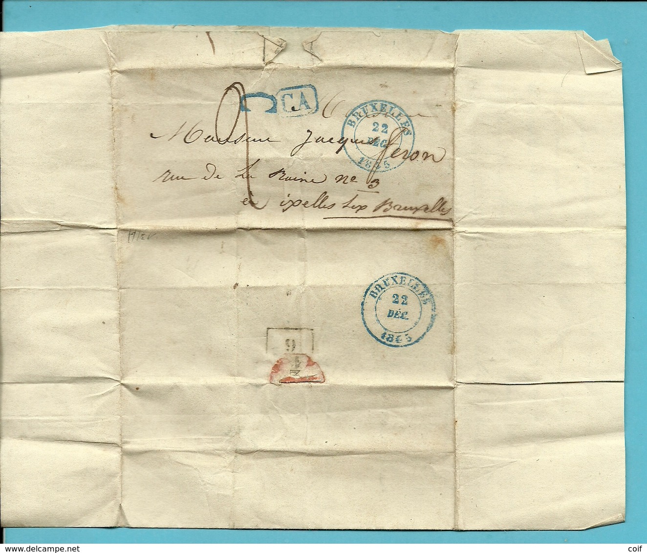 Brief Vanuit BRAINE-LE-COMTE Met Stempel BRUXELLES Op 21/12/1845 Met Stempel CA + "C"!!!! - 1830-1849 (Belgique Indépendante)