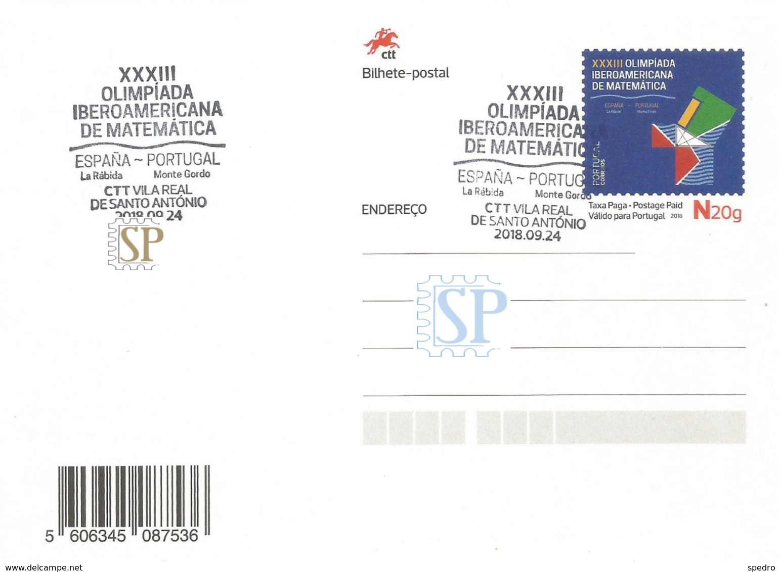 Portugal 2018 Inteiro Postal Carimbo Comemorativo Olimpíada IberoAmericana Matemática España Mathematik Spain - Postal Stationery