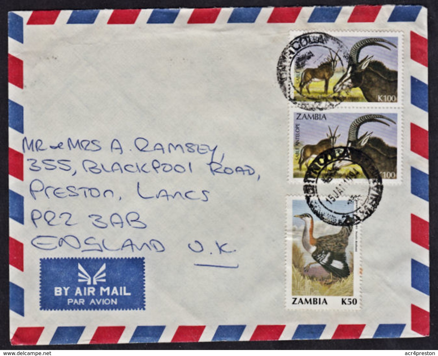 Ca0220 ZAMBIA 1994, Antelope And Bird Stamps On Ndola Cover To UK - Zambie (1965-...)