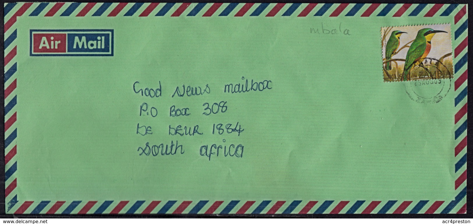 Cb0104 ZAMBIA 2003, Bird Stamp On Mbala Cover To South Africa, Kasama Backstamp - Zambie (1965-...)