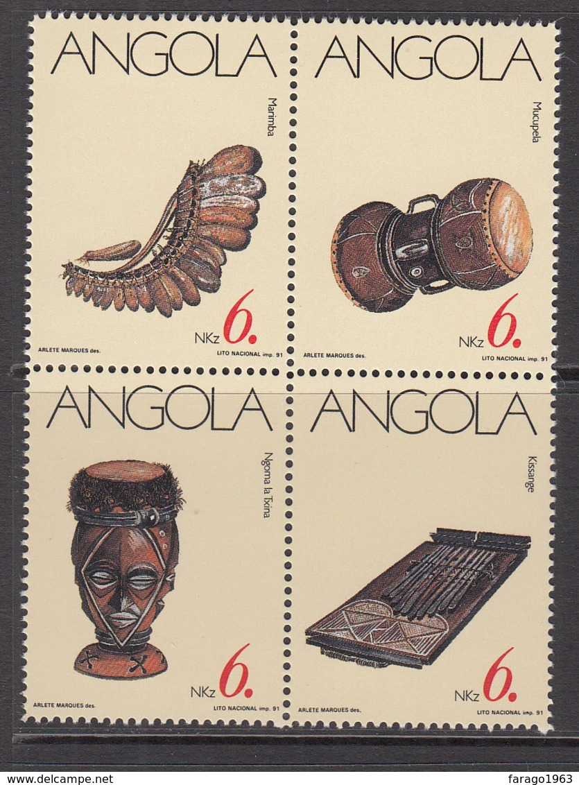 1991 Angola Musical Instruments Bock Of 4 Complete MNH - Angola