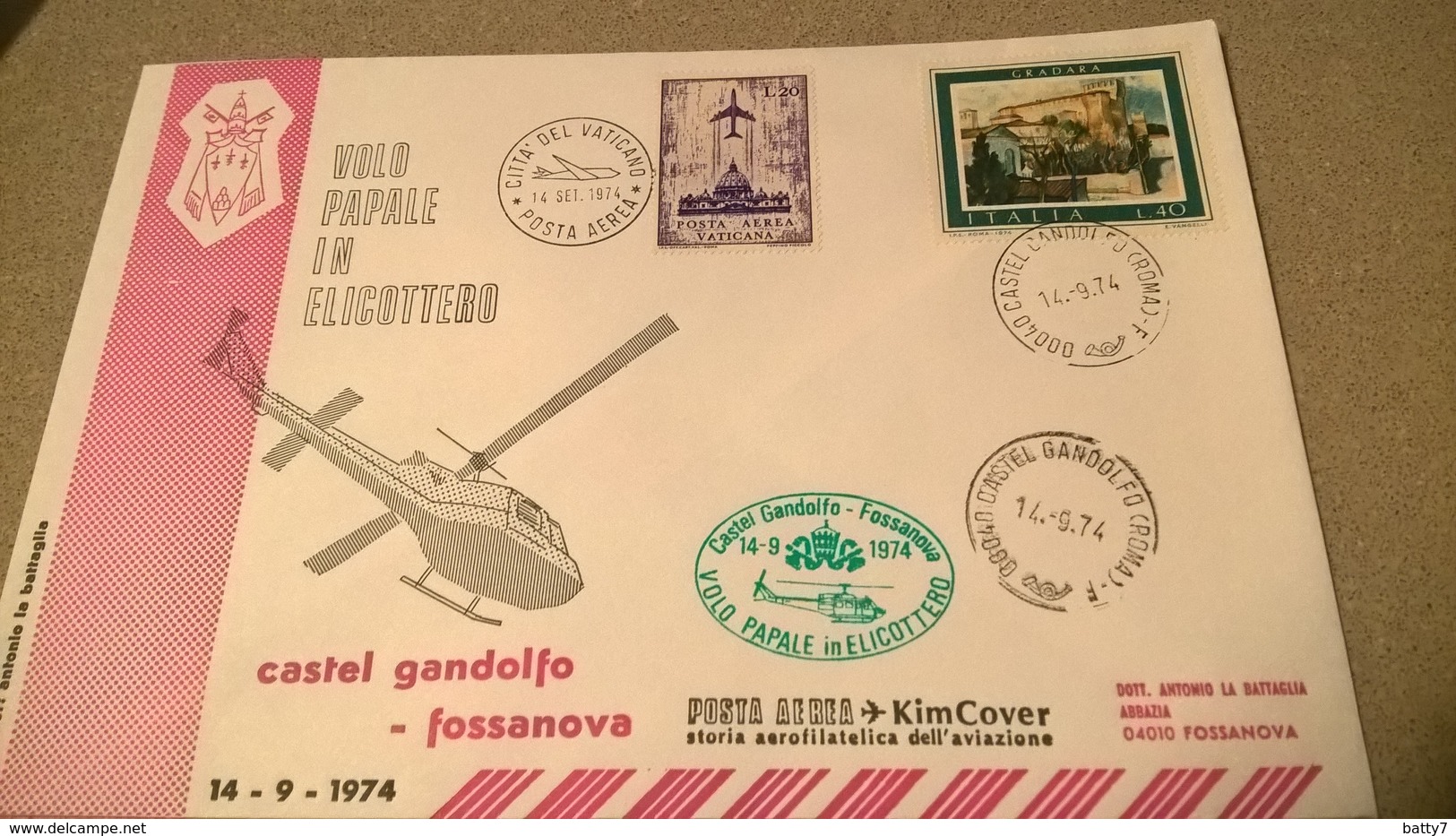 VATICANO 1974 VOLO PAPALE ELICOTTERO CASTEL GANDOLFO - FOSSANOVA - Elicotteri