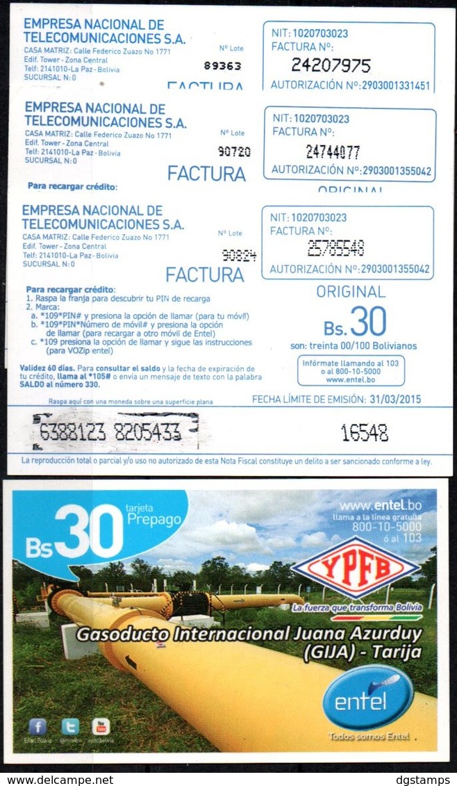 Bolivia 2014 - 31-03-2015 Tarjeta Prepago ENTEL. Gasoducto. Tres Tipos: Números Chicos, Medianos Y Grandes. - Petróleo