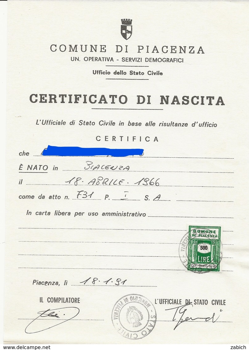 FISCAUX ITALIE TIMBRE COMMUNAL PICENZA  500 LIRE VERT  1991 - Unclassified