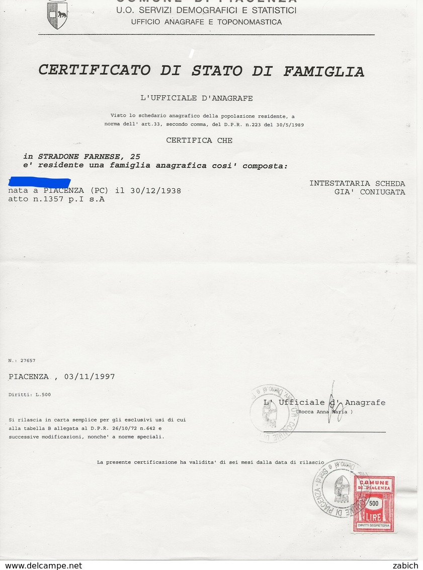 FISCAUX ITALIE TIMBRE COMMUNAL PICENZA  500 LIRE ROUGE  1997 - Sin Clasificación