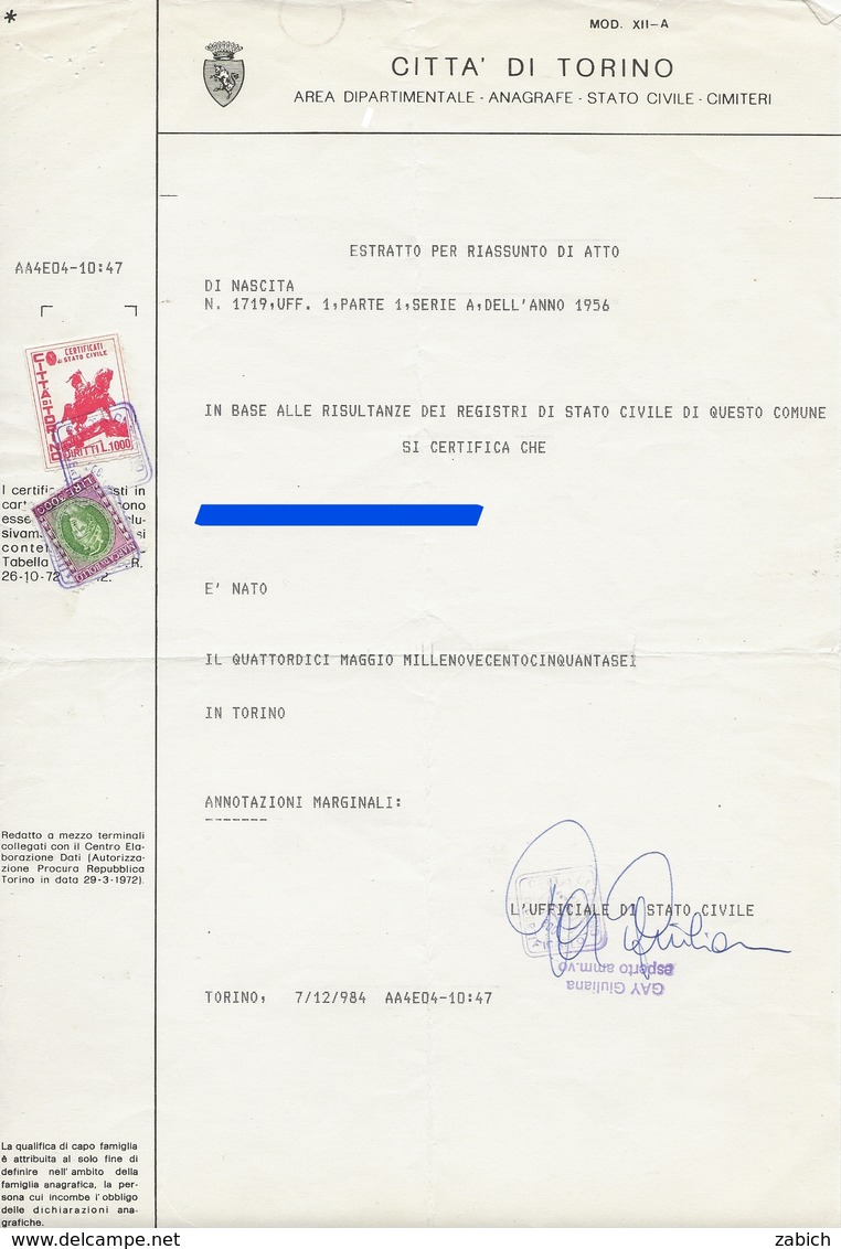 FISCAUX ITALIE TIMBRE COMMUNAL TURIN 100 L ROUGE 1984 - Unclassified
