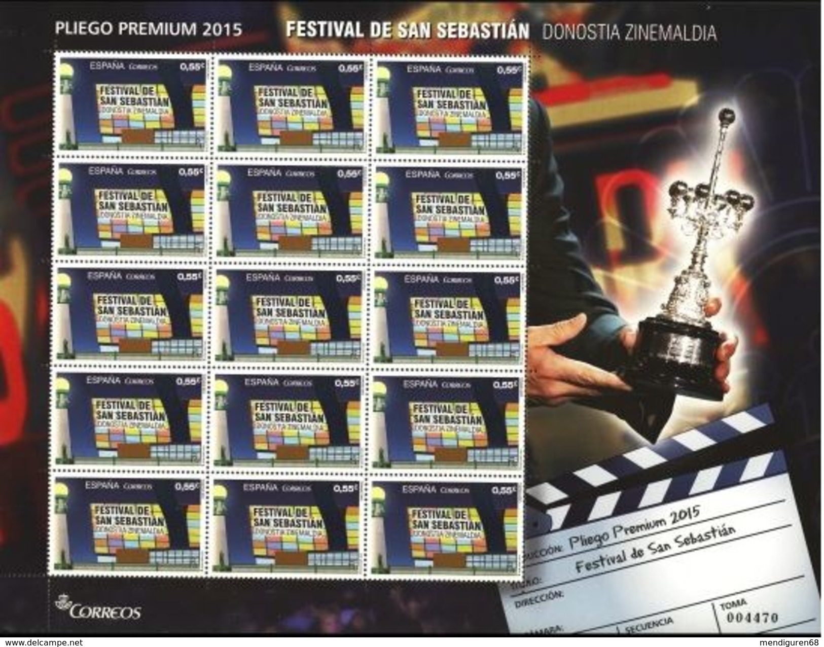 ESPAGNE SPANIEN SPAIN ESPAÑA 2015 S. SEBASTIAN CINEMA PREMIUN PANE (Nº 23) ED 4953-55 YV 4666-68 MI 4961-63 - Fogli Completi