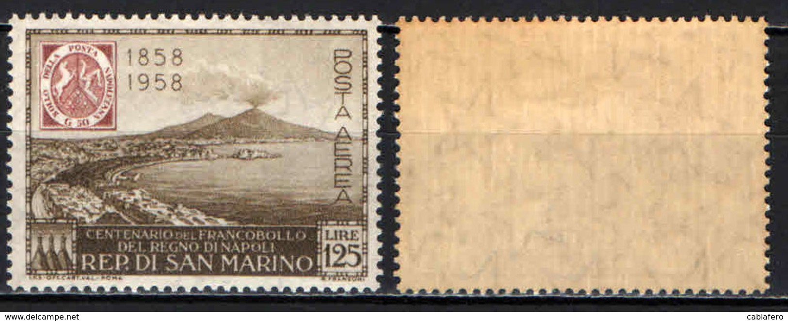 SAN MARINO - 1958 - CENTENARIO DEI PRIMI FRANCOBOLLI DEL REGNO DI NAPOLI - GOMMA IN PARTE BRUNITA - MNH - Posta Aerea