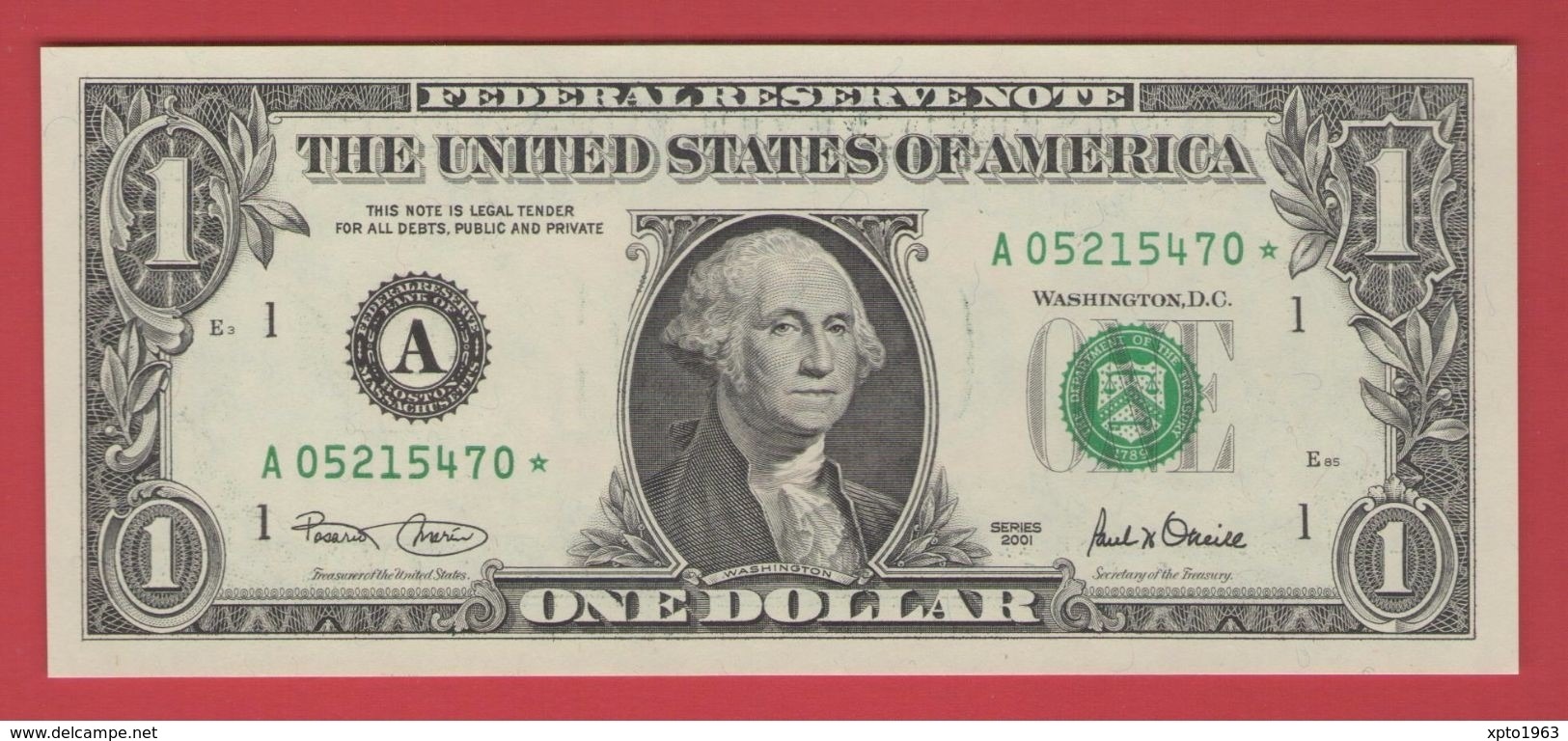 2001 STAR NOTE $1 Dollar Bill, BOSTON, Crisp, Uncirculated - Billets De La Federal Reserve (1928-...)