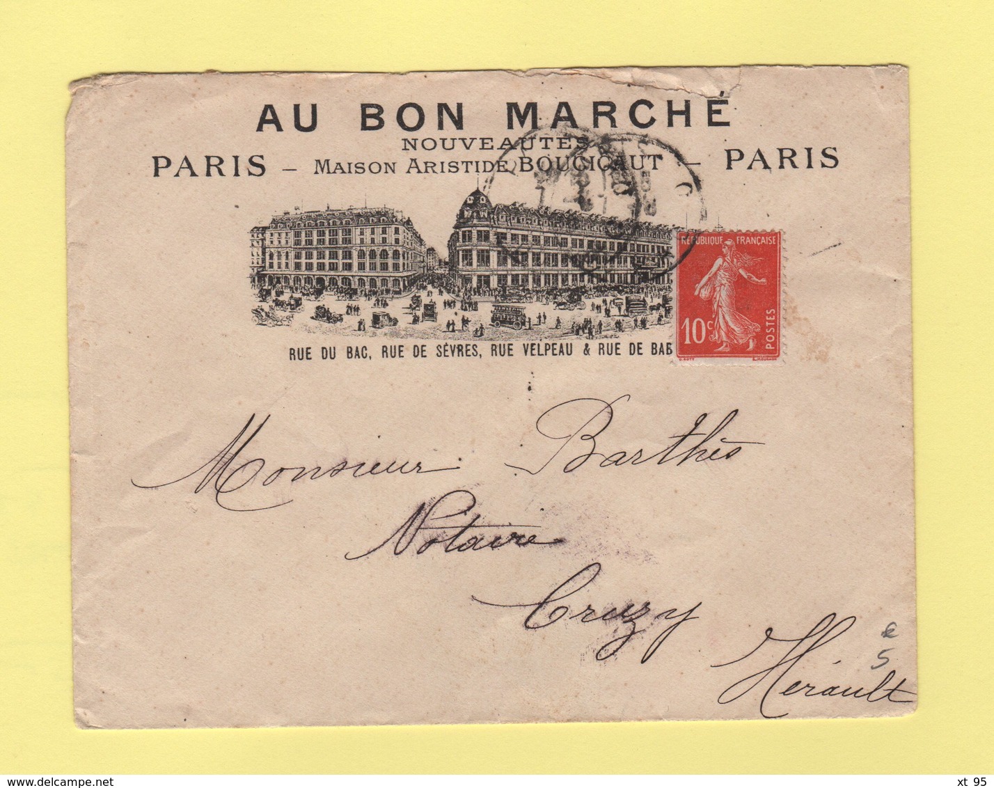 Enveloppe Illustree - Au Bon Marche - Paris - Type Semeuse - 1909 - 1877-1920: Période Semi Moderne