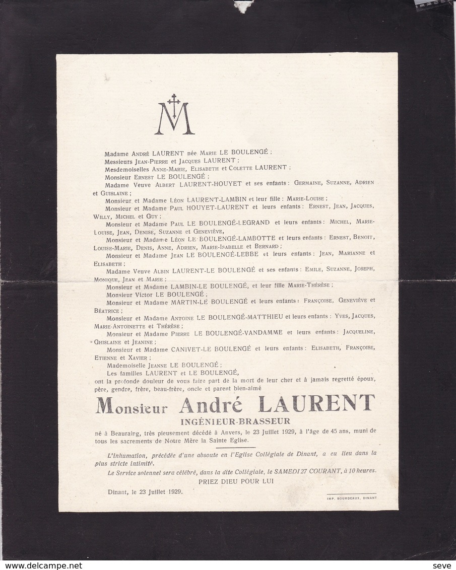 DINANT Brasseries LAURENT André LAURENT Ingénieur-brasseur 43 Ans 1929 Faire-part Mortuaire - Décès