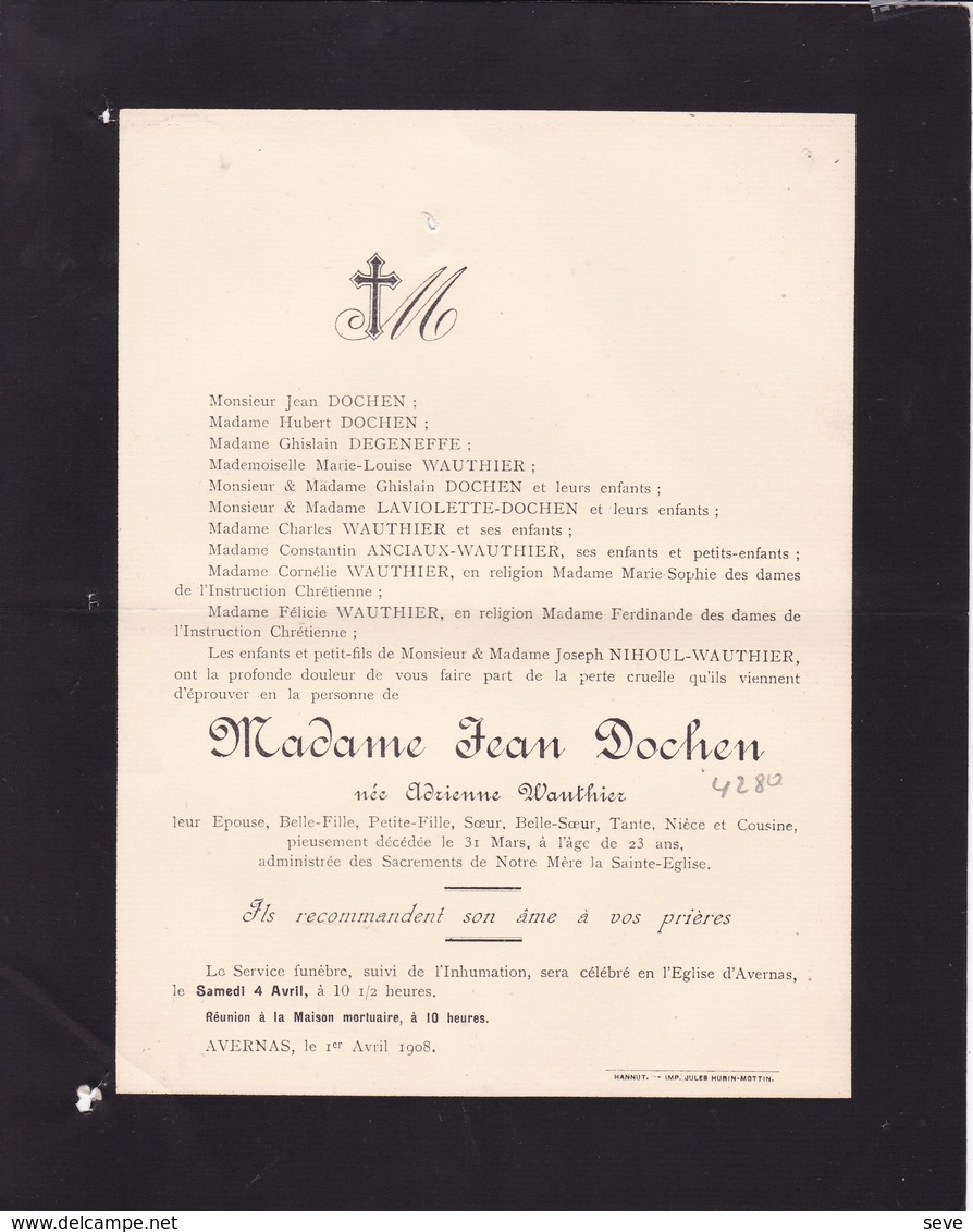 AVERNAS Adrienne WAUTHIER épouse Jean DOCHEN 23 Ans 1908 Familles DEGENEFFE, NIHOUL - Décès