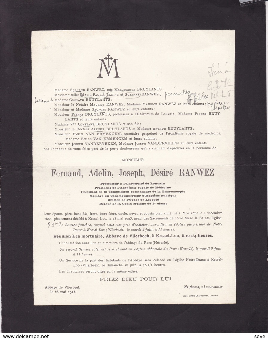 KESSEL-LO KESSEL-LOO Fernand RANWEZ Professeur Université De Louvain Morialmé 1866 - Kessel-Loo 1925 - Décès