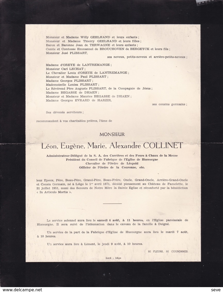 HUCCORGNE DEIGNE Léon COLLINET Administrateur Délégué Des Carrières Et Fours à Chaux De La Meuse 1871-1951 2 Volets Ok - Décès