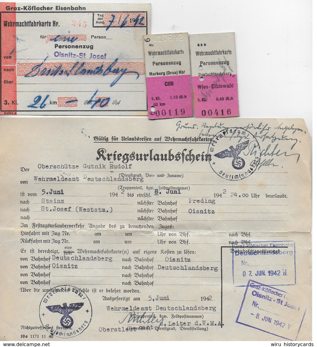 AK 0130  Graz-Köflacher Eisenbahn - Wehrmachtfahrkarten Mit Kriegsurlauberschein Juni 1942 - Europe
