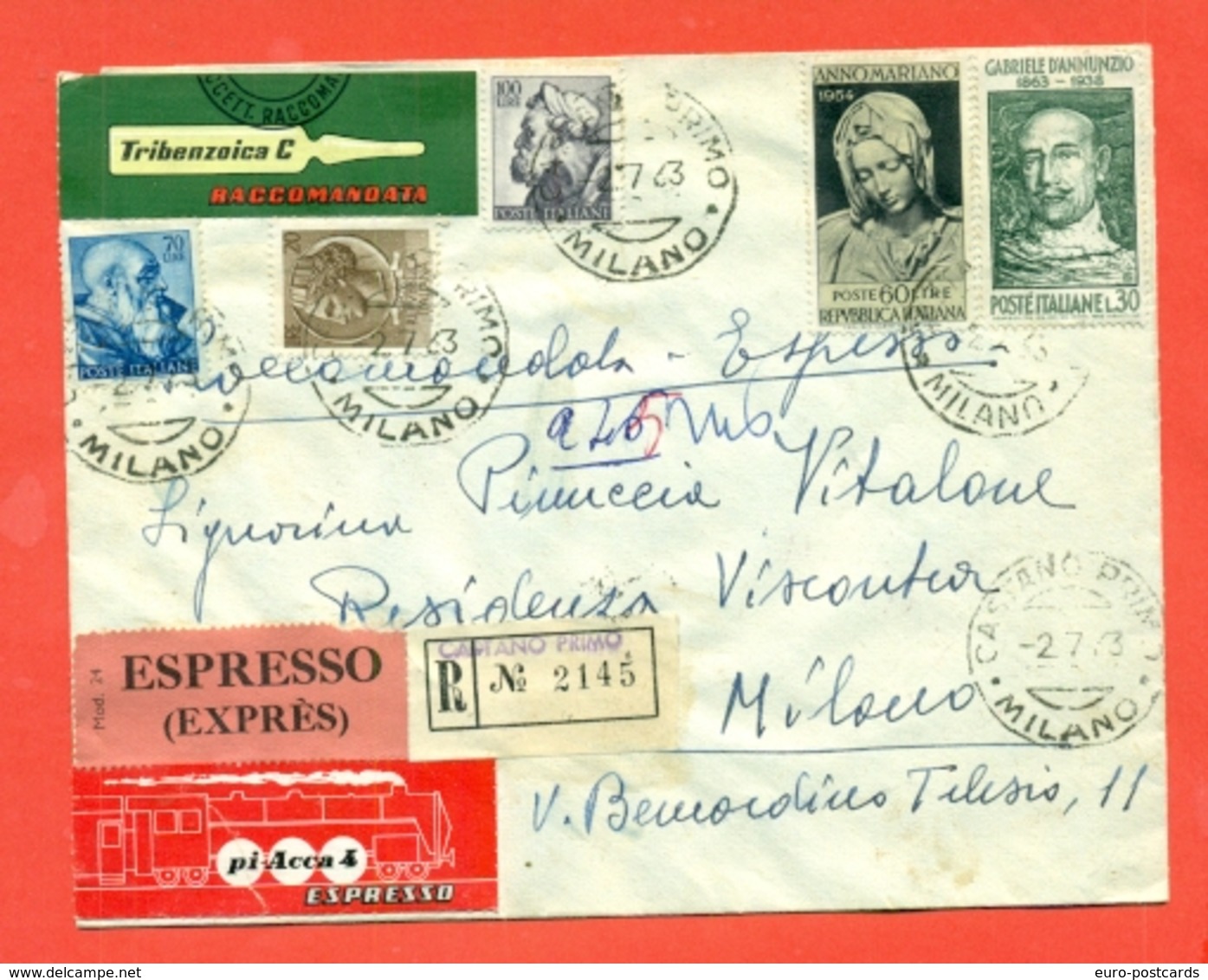 STORIA POSTALE -RACCOMANDATA ESPRESSO  DA CASTANO PRIMO PER MILANO-ERINNOFILIA-1963 - 1961-70: Storia Postale