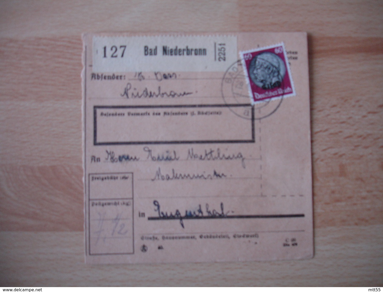 Occupation Alsace  Bad Niederbronn    Recu Colis Postal  Timbre Surcharge Elsass - Guerre De 1939-45