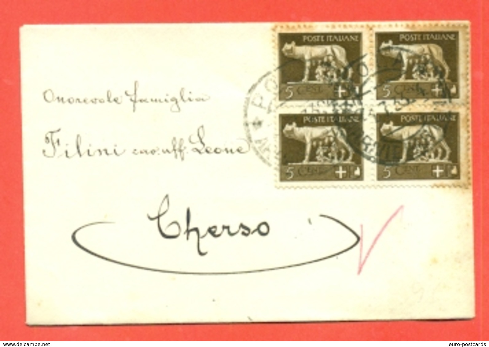 STORIA POSTALE REGNO- BUSTINA CM. 11 X 7,50 -QUARTINA 5 CENT-IMPERIALE - DA POLA PER CHERSO - 1933 - Storia Postale