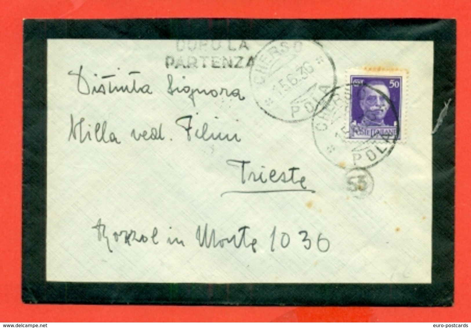 STORIA POSTALE REGNO- LETTERINA DOPO LA PARTENZA-DA CHERSO PER TRIESTE - 1936 - Marcofilie