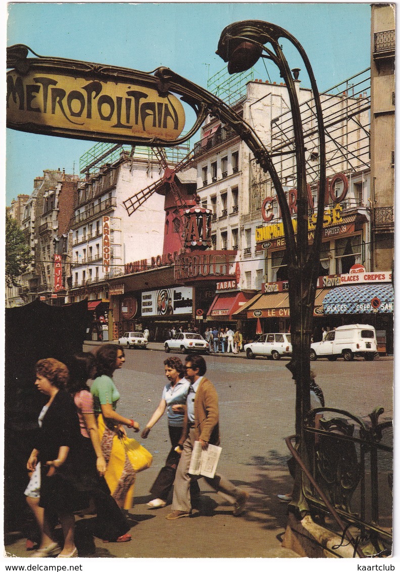 Paris: RENAULT 4-COMBI, 12 BREAK, PEUGEOT 504, FIAT 128 - 'Metropolitain', 'Paramount' Neon - Moulin Rouge - Toerisme