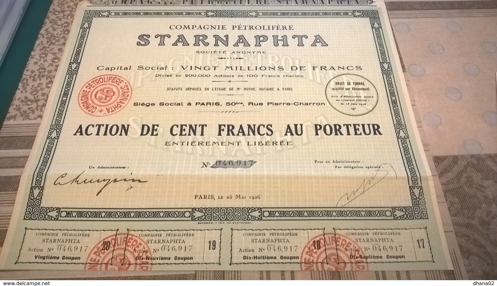 COMPAGNIE PETROLIERE STARNAPHTA (action De Cent Francs)) - Mines