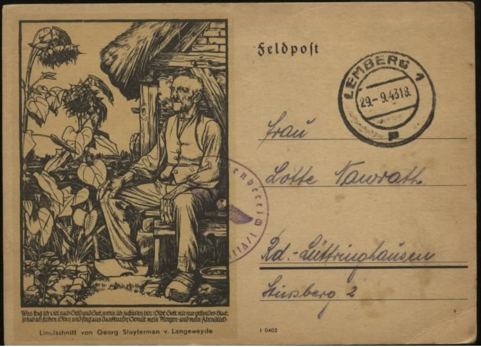 WW II Slyterman Feldpost Postkarte: Gebraucht Lemberg - Lüttringhausen 1943 , Bedarfserhaltung. - Briefe U. Dokumente