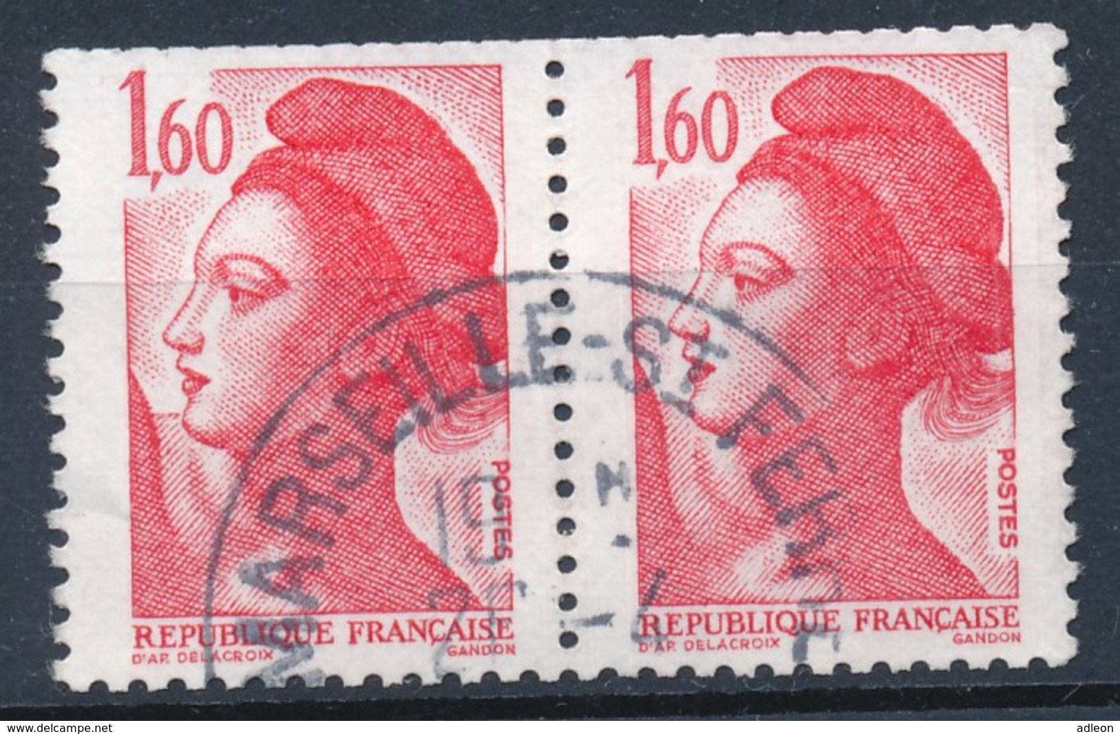 France -Liberté 1,60 Rouge YT 2187 Obl. (paire De Carnet Horizontale) - 1982-1990 Liberté De Gandon