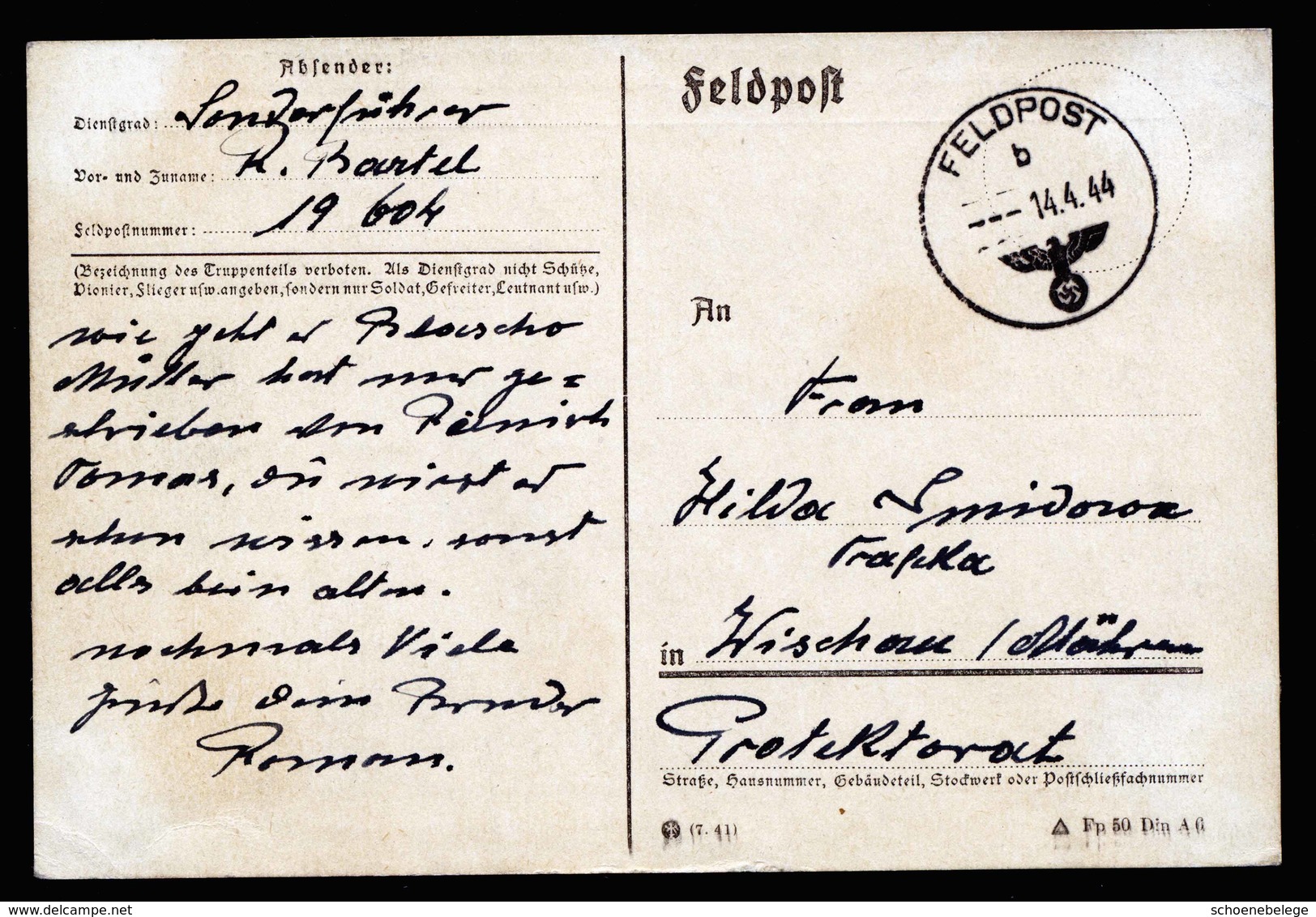 A5790) DR Feldpostkarte 14.04.44 V. FP-Nr. 19604 Sofia N. Wischau - Briefe U. Dokumente