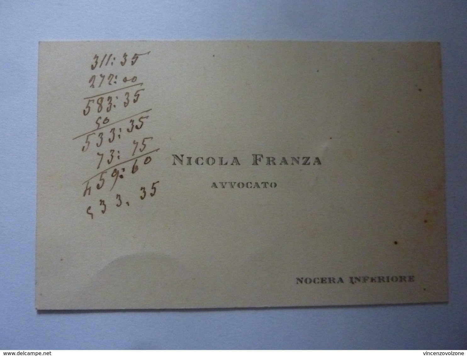 Cartoncino Da Visita "NICOLA FRANZA AVVOCATO Nocera Inferiore" Retro Manoscritto Con Data 1907 - Visitenkarten