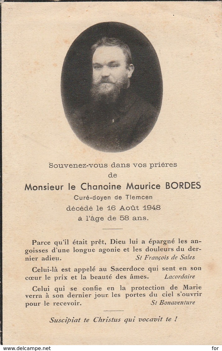 Généalogie : Faire-part Décés - Carte Mortuaire :  Chanoine - M. BORDES - 1948 - ( Tlemcen - Algérie ) - Décès