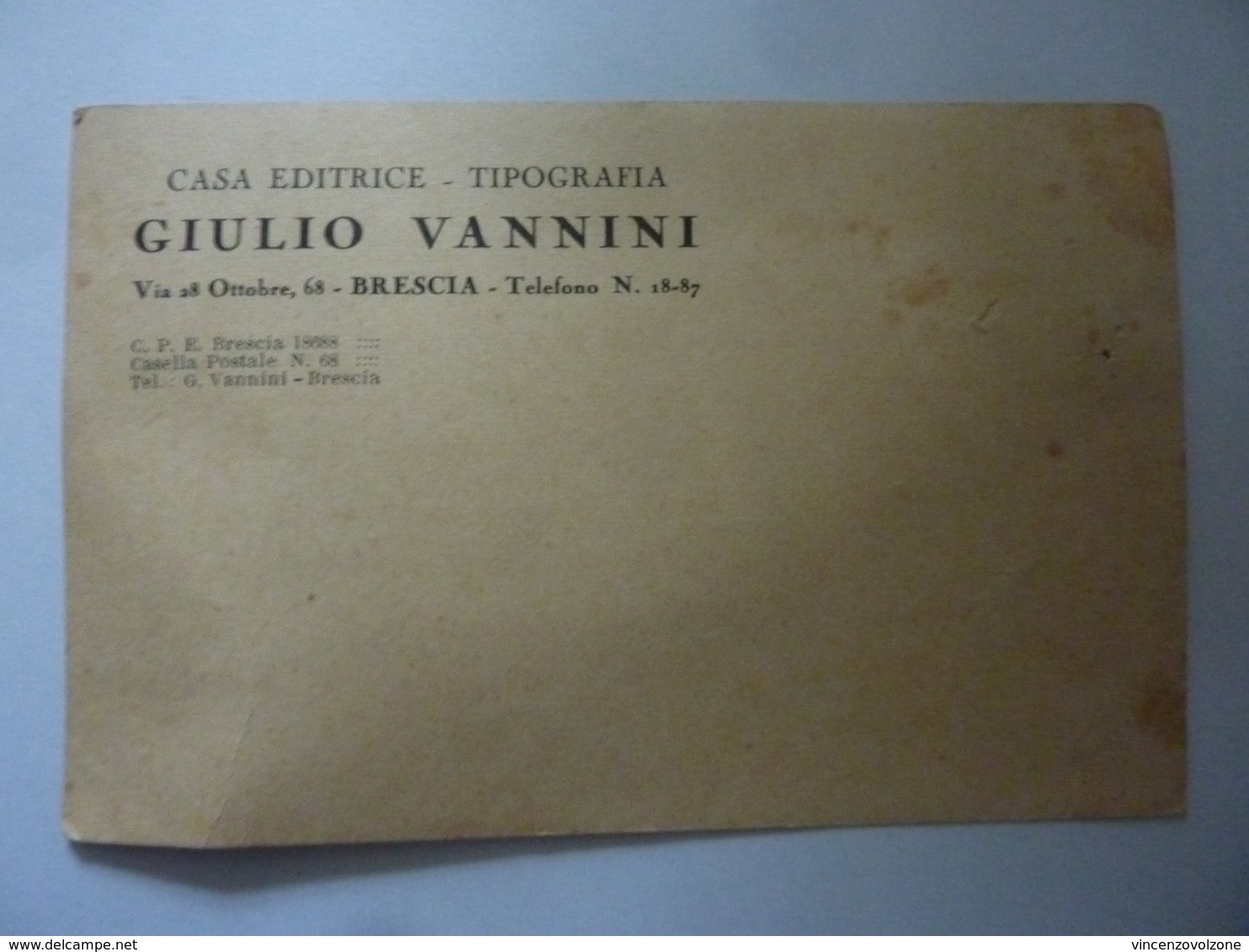 Cartoncino Pubblicitario "GIULIO VANNINI CASA EDITRICE - TIPOGRAFICA  BRESCIA"  Retro Manoscritto. Inizi '900 - Publicités