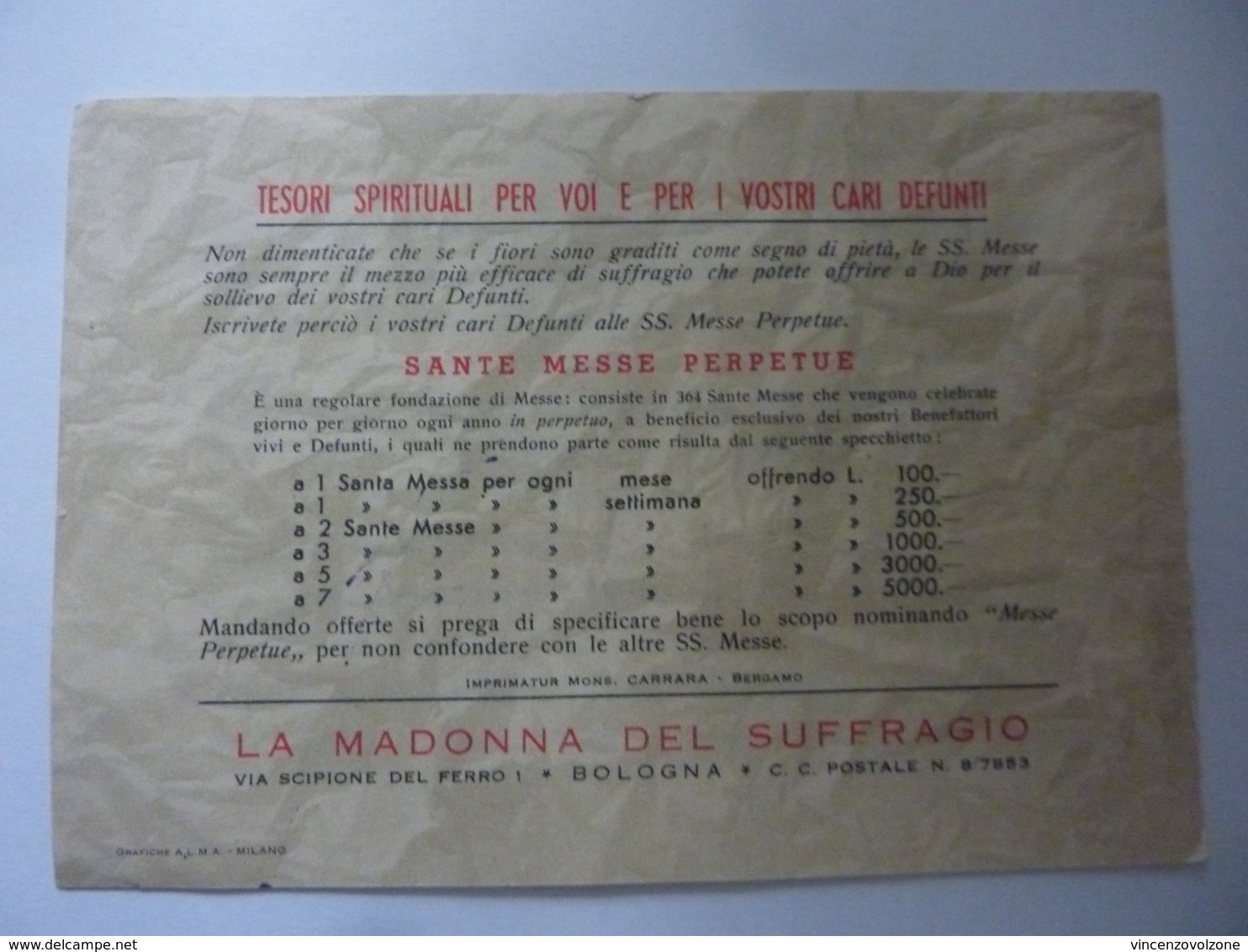 Pieghevole  Pubblicitario "LA MADONNA DEL SUFFRAGIO - BOLOGNA" Anni '50 - Pubblicitari