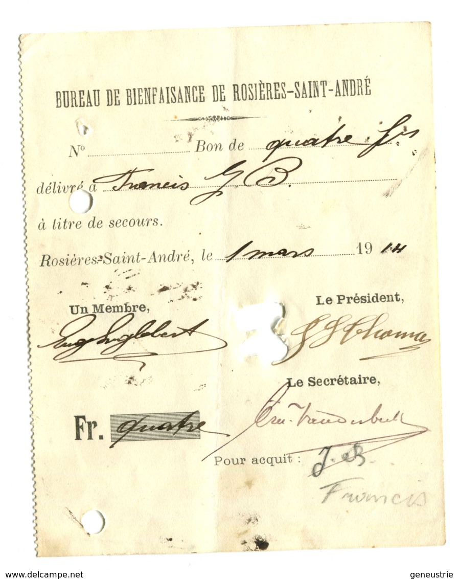 WW1 Jeton Papier Billet De Nécessité "Bon Pour Quatre Francs - Commune De Rosières-Saint André 1914" WWI - Monétaires / De Nécessité