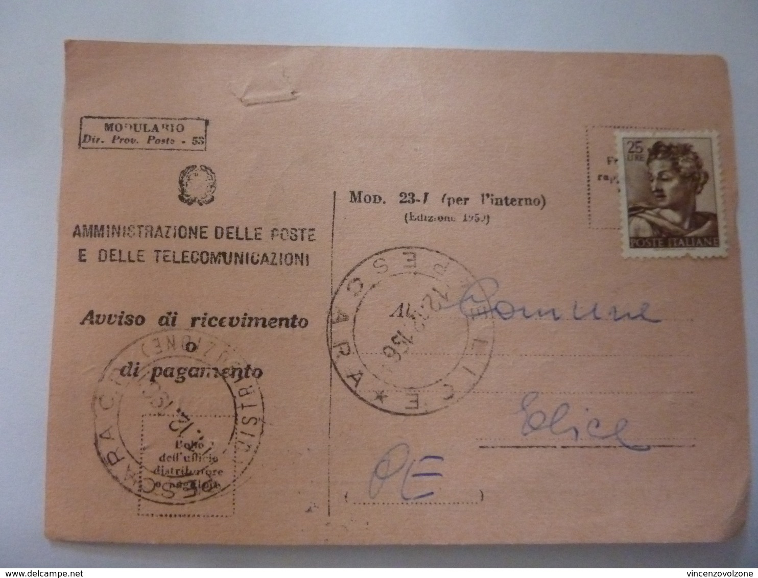 Cartolina  Viaggiata "AVVISO DI RICEVIMENTO - Comune Di Elice, Ospedale Civile Di Pescara " 1961 - 1961-70: Storia Postale