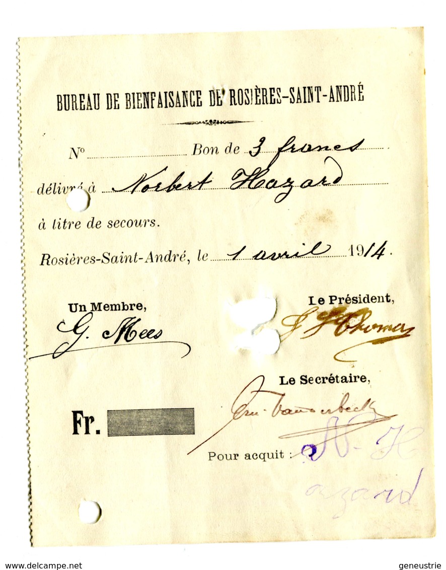 WW1 Jeton Papier Billet De Nécessité "Bon Pour 3 Francs - Commune De Rosières-Saint André 1914" WWI - Monetari / Di Necessità