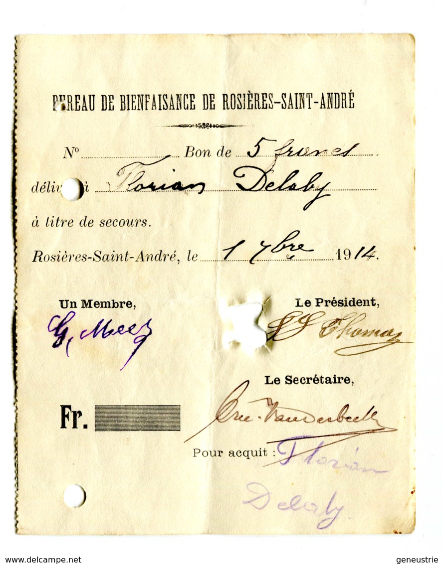 WW1 Jeton Papier Billet De Nécessité "Bon Pour 5 Francs - Commune De Rosières-Saint André 1914" WWI - Monétaires / De Nécessité