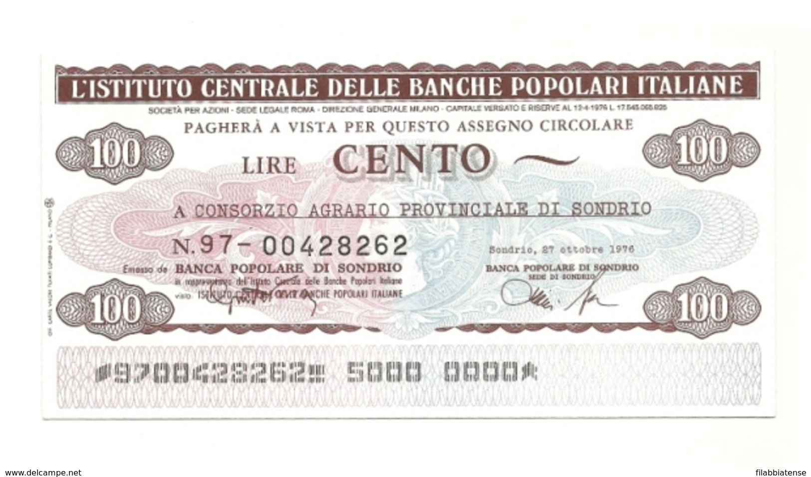 1976 - Italia - Istituto Centrale Delle Banche Popolari Italiane - Consorzio Agrario Provinciale Di Sondrio - [10] Chèques