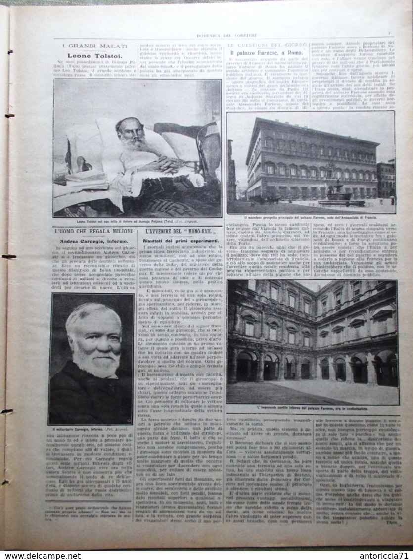 La Domenica Del Corriere 9 Gennaio 1910 Tolstoi Andrew Carnegie Farnese Ademollo - Altri & Non Classificati